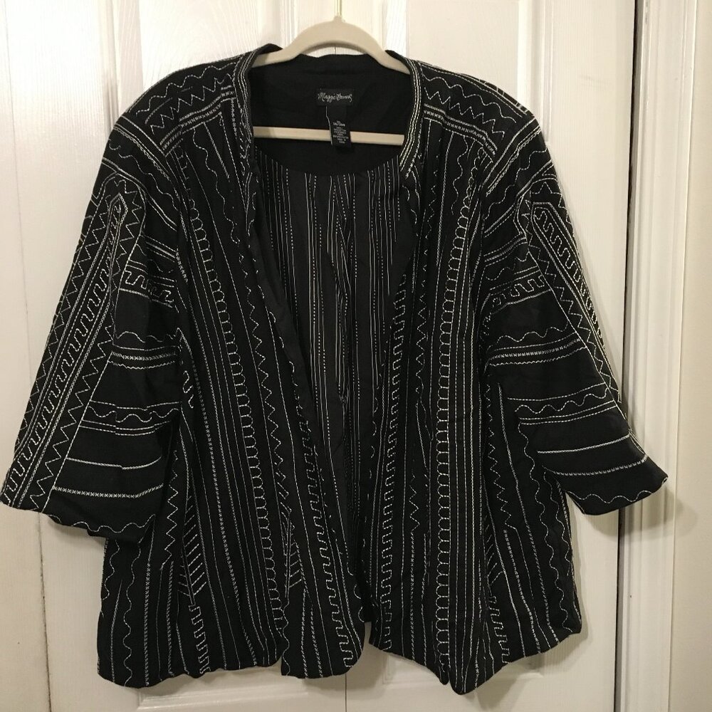 Maggie Barnes Black/White Open Front Jacket Embroidered Design